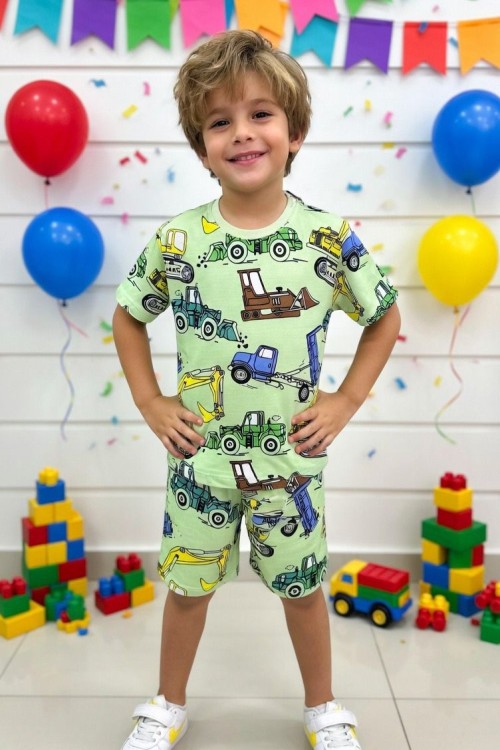 GÜNLÜK İŞ MAKİNELERİ DESENLİ ŞORTLU TAKIM  Yeşil