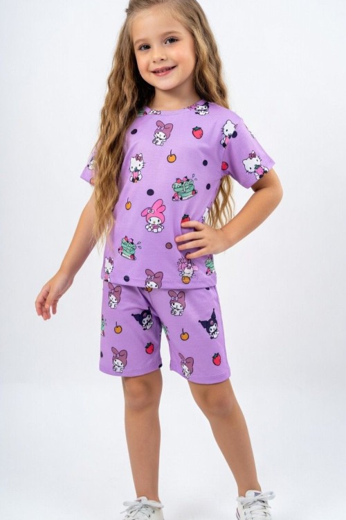 GÜNLÜK KUROMİ DESENLİ ŞORTLU TAKIM  Mor