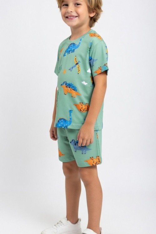 GÜNLÜK DİNOZOR DESENLİ ŞORTLU TAKIM  Yeşil