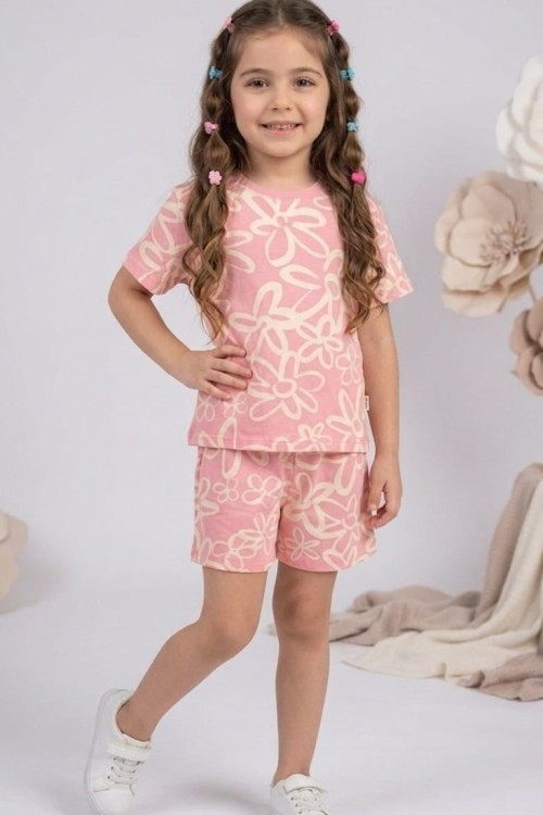 HERYERİ BÜYÜK ÇİÇEK DESENLİ ŞORTLU TAKIM  Pembe