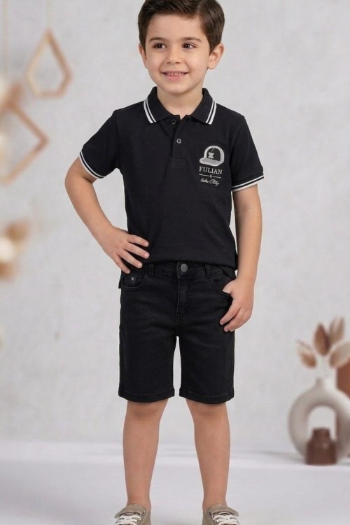 LUFİAN YAKALI DÜĞMELİ KOT ŞORTLU TAKIM  Siyah