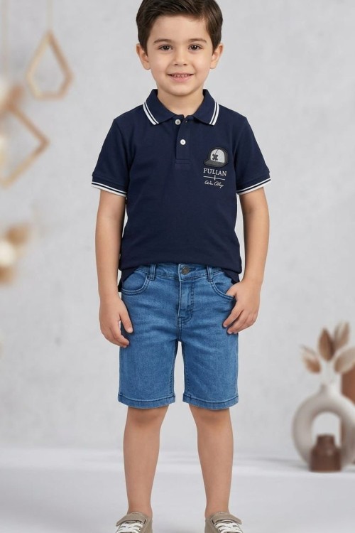 LAFİAN YAKALI DÜĞMELİ KOT ŞORTLU TAKIM  Lacivert