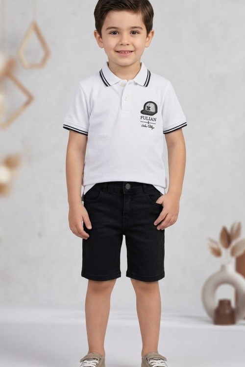 FULİAN YAKALI DÜĞMELİ KOT ŞORTLU TAKIM  Beyaz