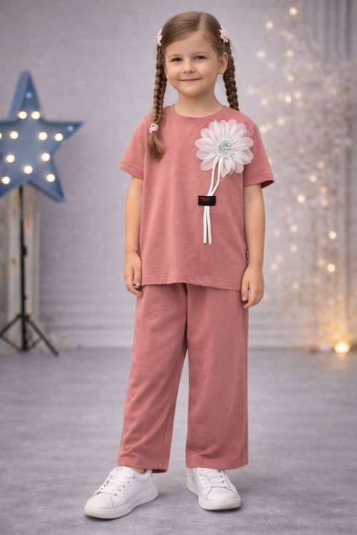 APLİKE ÇİÇEKLİ KISAKOL ALT UZUN EŞOFMAN TAKIMI  Pembe