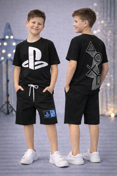 PLAYSTATION SIRT BASKILI CEPLİ ŞORTLU TAKIM  Siyah