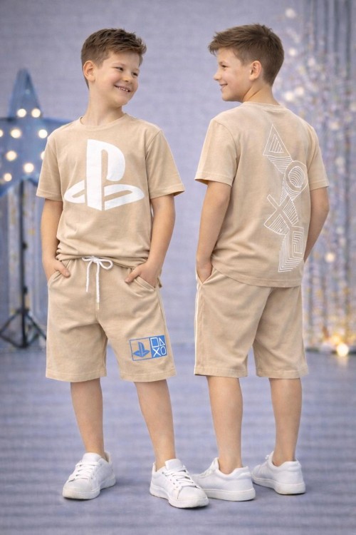 PLAYSTATION SIRT BASKILI CEPLİ ŞORTLU TAKIM  Bej