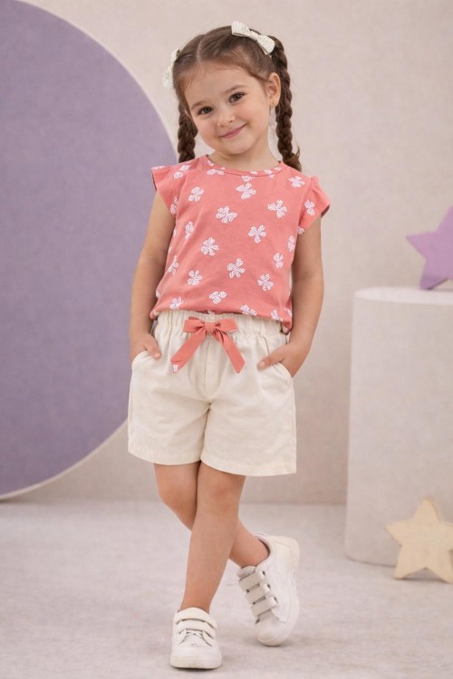 YONCA DESENLİ ALT FİYONKLU CEPLİ ŞORTLU TAKIM  Pembe