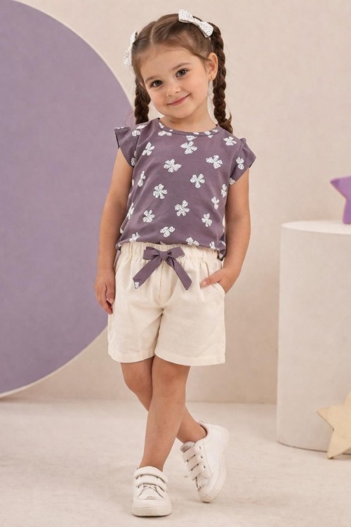 YONCA DESENLİ ALT FİYONKLU CEPLİ ŞORTLU TAKIM  Lila