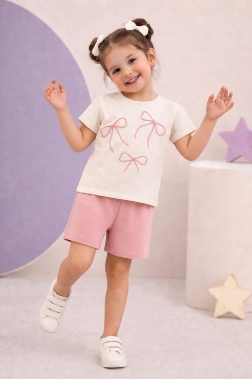 ÜST 3 FİYONKLU ŞORTLU TAKIM   Pudra