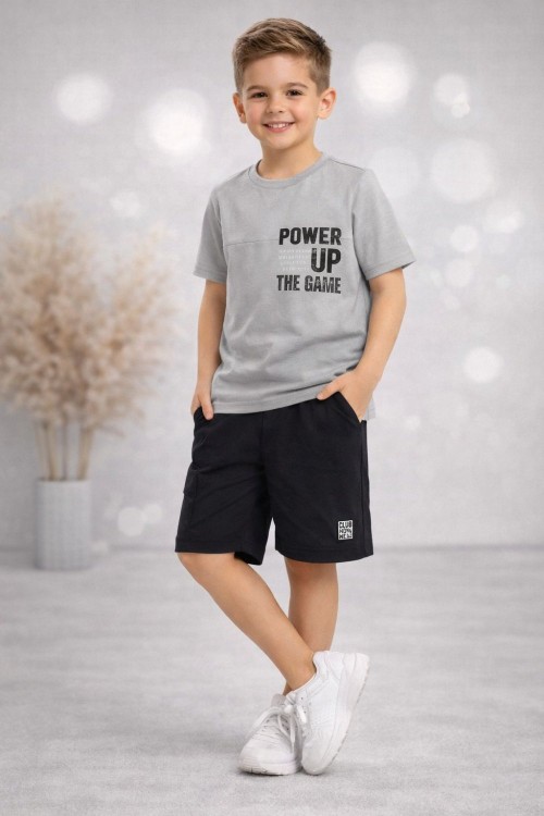 POWEP UP CEPLİ ETİKETLİ ŞORTLU TAKIM  Gri