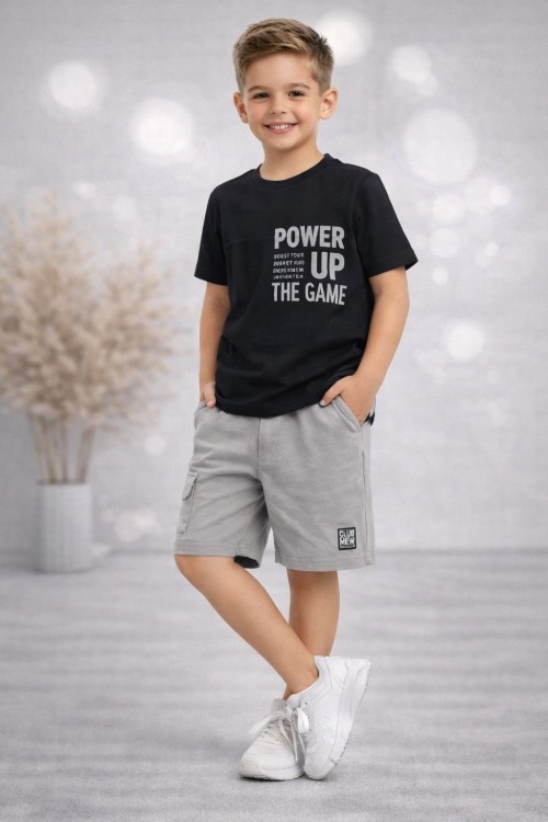 POWEP UP CEPLİ ETİKETLİ ŞORTLU TAKIM  Siyah