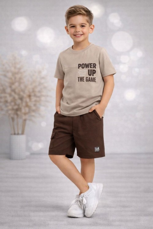POWEP UP CEPLİ ETİKETLİ ŞORTLU TAKIM  Kahverengi