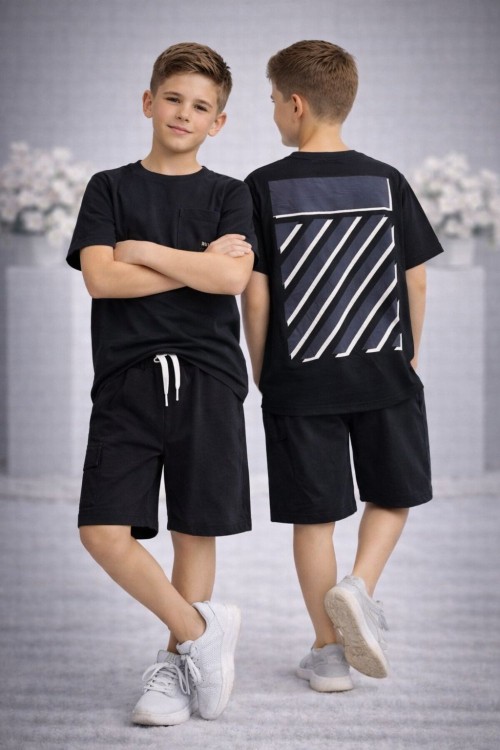 GARSON BOY ÖNÜ CEPLİ SADE  BLOKLU SIRT BASKILI ŞORTLU TAKIM  Siyah