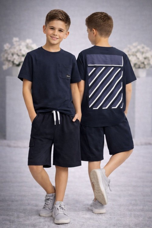 GARSON BOY ÖNÜ CEPLİ SADE  BLOKLU SIRT BASKILI ŞORTLU TAKIM  Lacivert