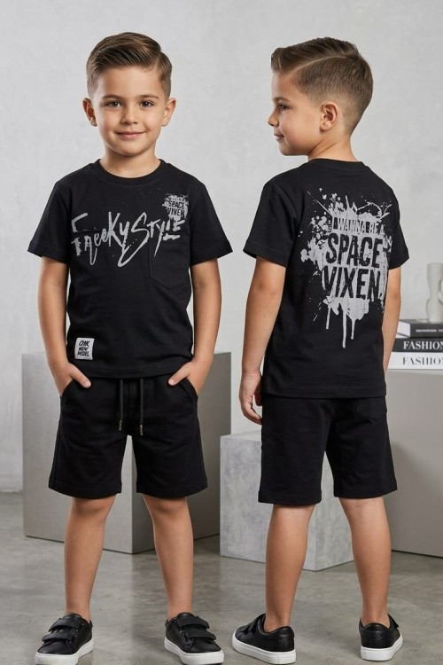 SPACE VIXEN SIRT BASKILI CEPLİ ŞORTLU TAKIM  Siyah