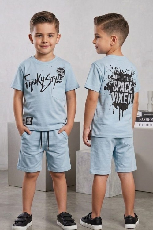 SPACE VIXEN SIRT BASKILI CEPLİ ŞORTLU TAKIM  Açık Mavi