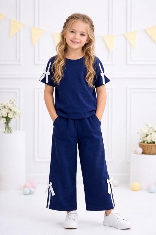 KOL VE PAÇASI ŞERİT FİYONKLU KISAKOL ALT UZUN EŞOFMAN TAKIMI  Lacivert