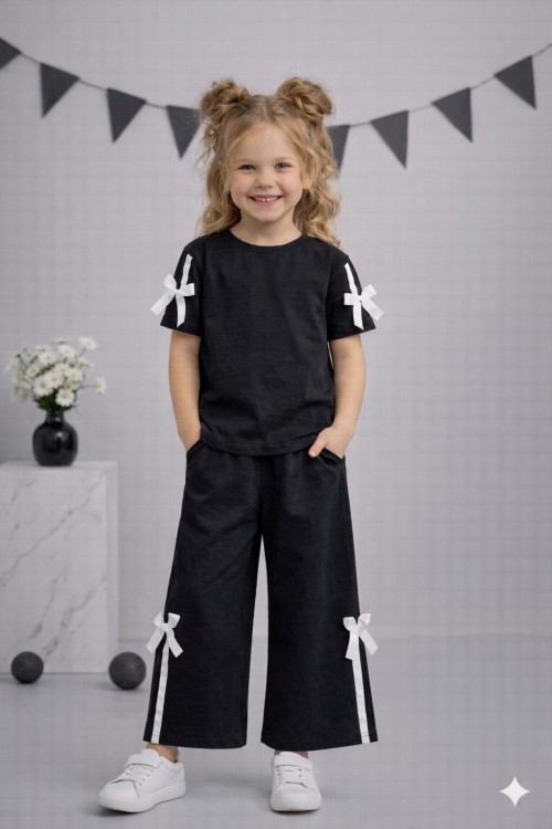 KOL VE PAÇASI ŞERİT FİYONKLU KISAKOL ALT UZUN EŞOFMAN TAKIMI  Siyah