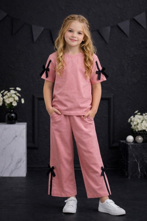 KOL VE PAÇASI ŞERİT FİYONKLU KISAKOL ALT UZUN EŞOFMAN TAKIMI  Pembe