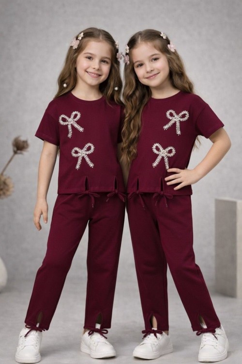 İKİ FİYONKLU TİŞÖRT UCU VE PAÇASI YIRTMAÇLI İPLİ ALT UZUN TAKIM Bordo