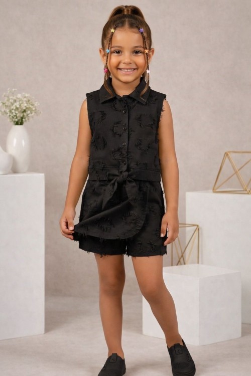 SIFIRKOL GÖMLEKLİ BEL BAĞLAMALI PÜSKÜL KALP DETAYLI  ŞORT ETEK TAKIM  Siyah