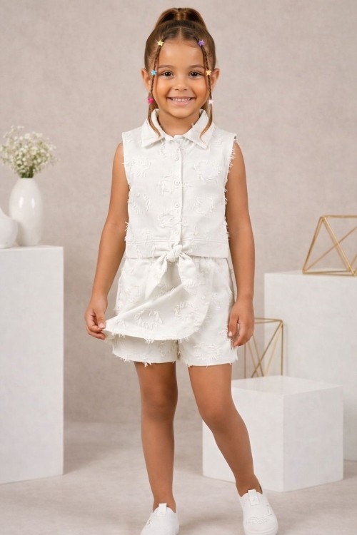 SIFIRKOL GÖMLEKLİ BEL BAĞLAMALI PÜSKÜL KALP DETAYLI  ŞORT ETEK TAKIM  Beyaz