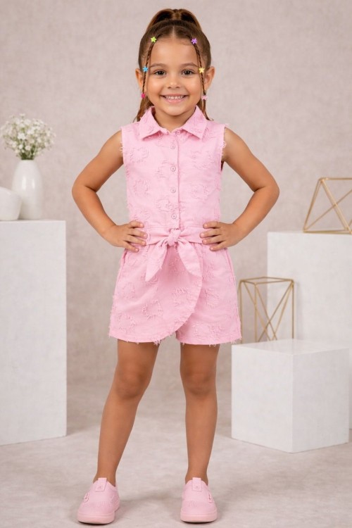 SIFIRKOL GÖMLEKLİ BEL BAĞLAMALI PÜSKÜL KALP DETAYLI  ŞORT ETEK TAKIM  Pembe