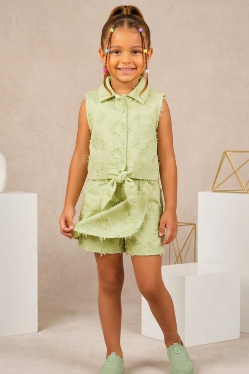 SIFIRKOL GÖMLEKLİ BEL BAĞLAMALI PÜSKÜL KALP DETAYLI  ŞORT ETEK TAKIM  Yeşil