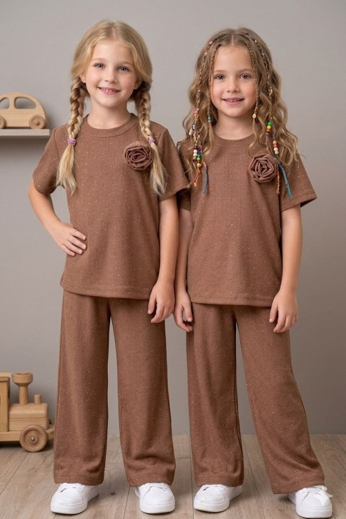 HER YERİ TAŞLI YAKASI GÜL DETAYLI KISAKOL FİTİLLİ İSPANYOL TAKIM  Kahverengi