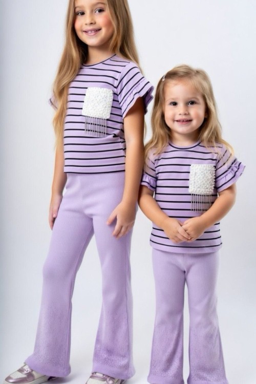 ÜST ÇİZGİLİ KOL FIRFIRLI YAKASI DANTEL DESENLİ  PAÇASI TAŞLI FİTİLLİ İSPANYOL TAKIM  Lila