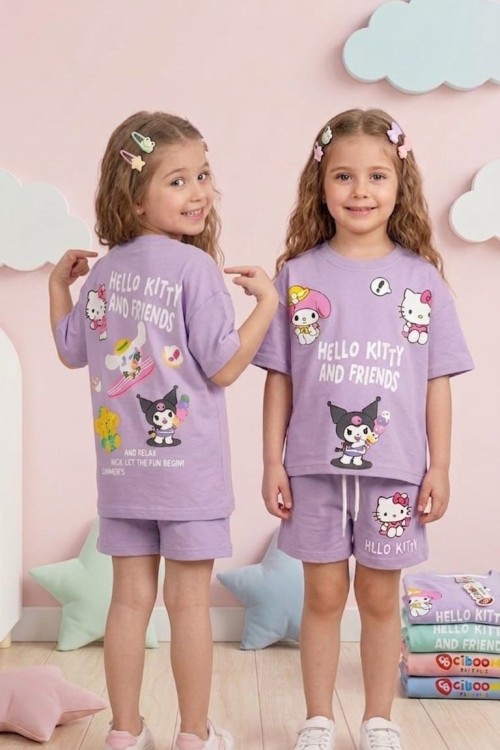 HELLO KİTTY AND FRİENDS SIRT BASKILI ŞORTLU TAKIM Lila