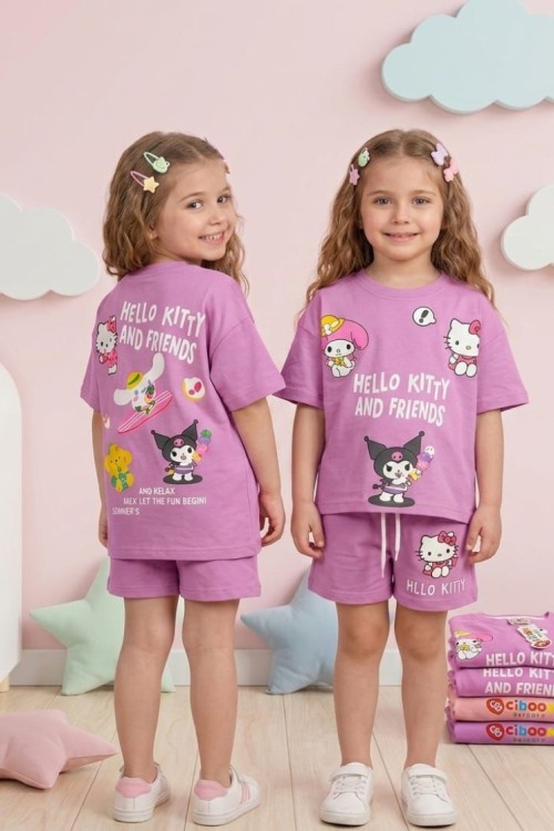 HELLO KİTTY AND FRİENDS SIRT BASKILI ŞORTLU TAKIM Mor