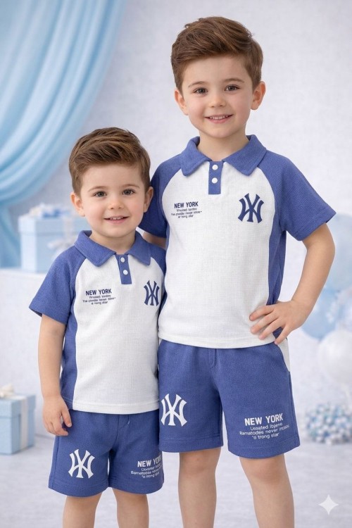 NEW YORK YAZILI YAKALI DÜĞMELİ ŞORTLU TAKIM  Lacivert