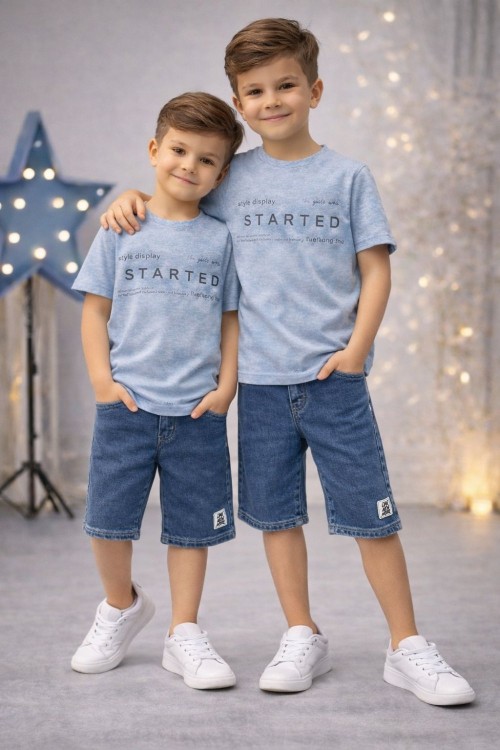 STARTED YAZILI KOT ŞORTLU TAKIM Açık Mavi