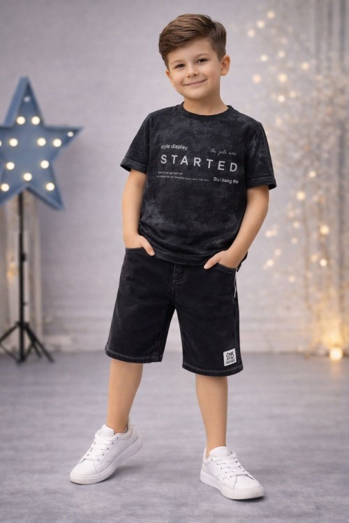 STARTED YAZILI KOT ŞORTLU TAKIM Siyah