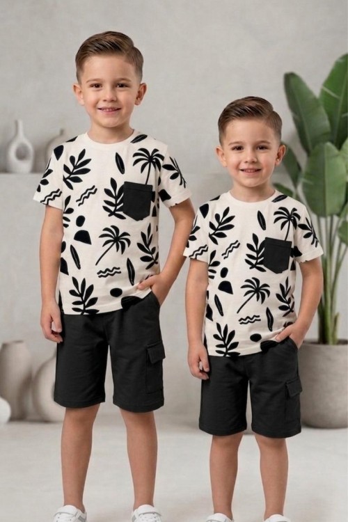 PALMİYE DESENLİ CEPLİ  ŞORTLU TAKIM Siyah