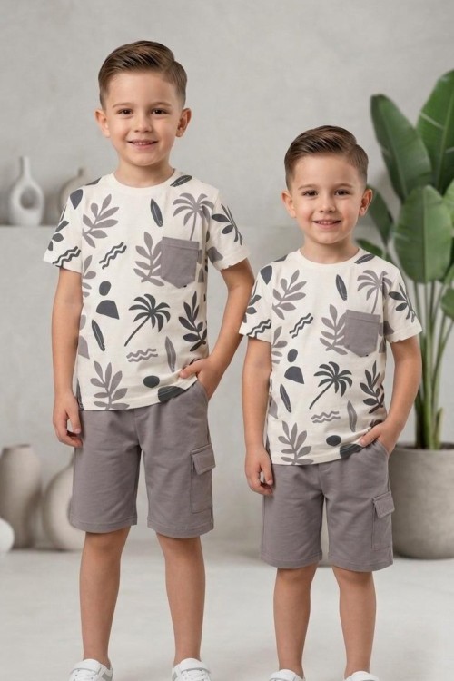 PALMİYE DESENLİ CEPLİ  ŞORTLU TAKIM Gri