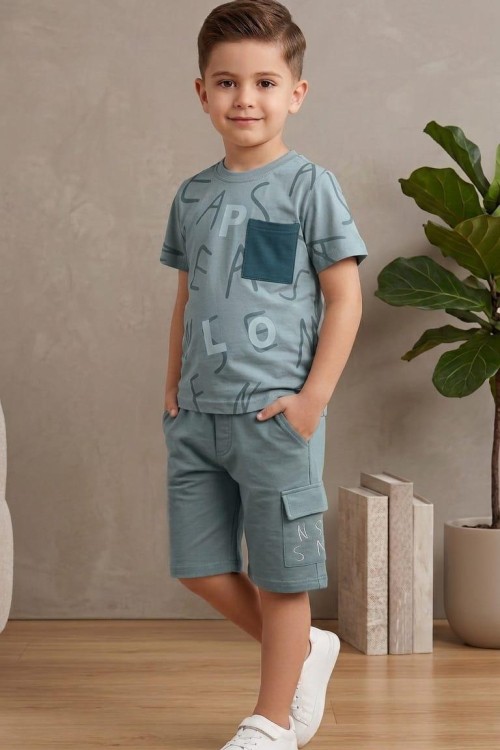 BÜYÜK HARF DESENLİ CEPLİ ŞORTLU TAKIM Mavi