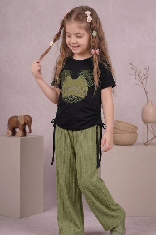 TAŞLI MİKİ KAFA ALT BUBBLE KUMAŞ BEL BÜZGÜLÜ İSPANYOL TAKIM  Siyah