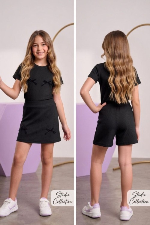 ALT VE ÜST FİYONKLU TAŞLI ŞORT ETEKLİ TAKIM  Siyah