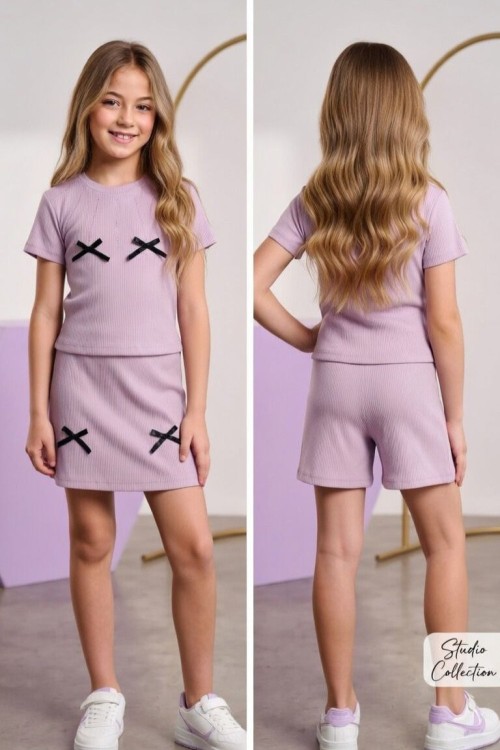 ALT VE ÜST FİYONKLU TAŞLI ŞORT ETEKLİ TAKIM  Lila