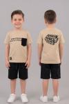 KIDS DESIGN SIRT BASKILI CEPLİ  ŞORTLU TAKIM Bej