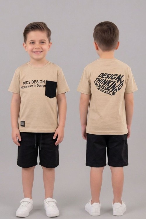 KIDS DESIGN SIRT BASKILI CEPLİ  ŞORTLU TAKIM Bej