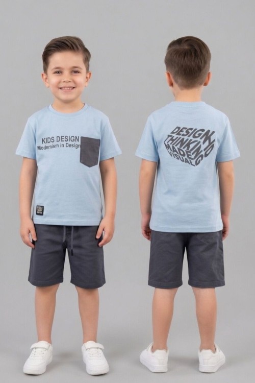KIDS DESIGN SIRT BASKILI CEPLİ  ŞORTLU TAKIM Açık Mavi