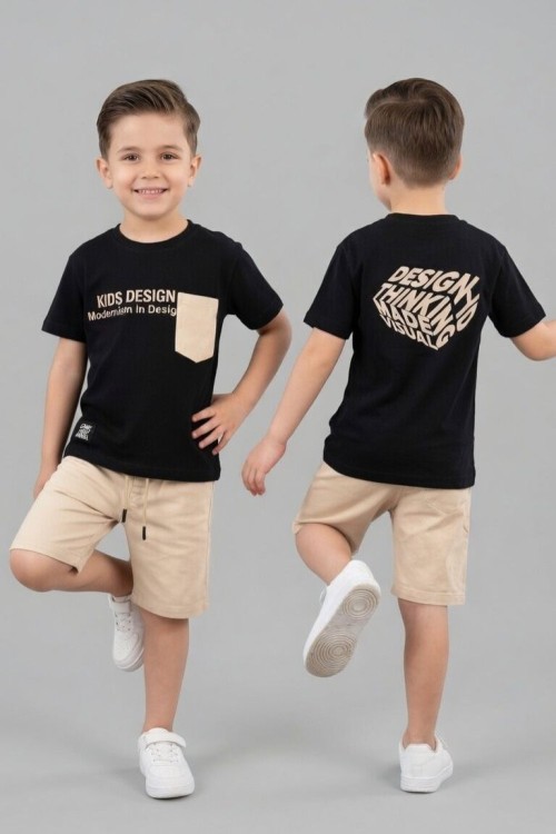 KIDS DESIGN SIRT BASKILI CEPLİ  ŞORTLU TAKIM Siyah