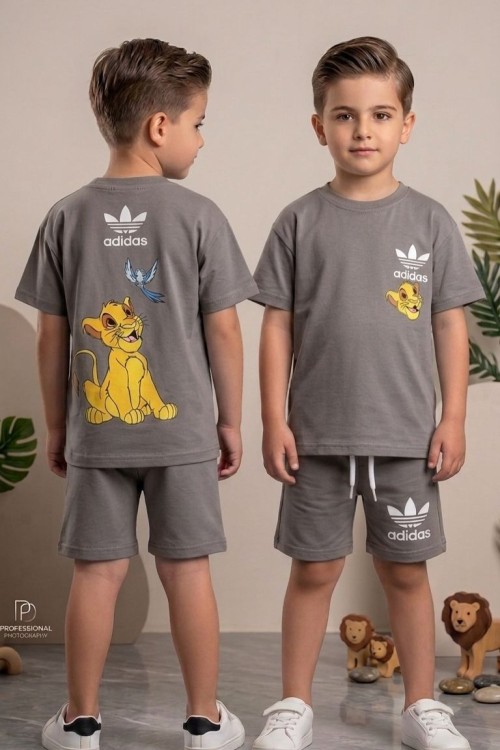 ADİDAS ASLANLI SIRT BASKILI ŞORTLU TAKIM  Gri