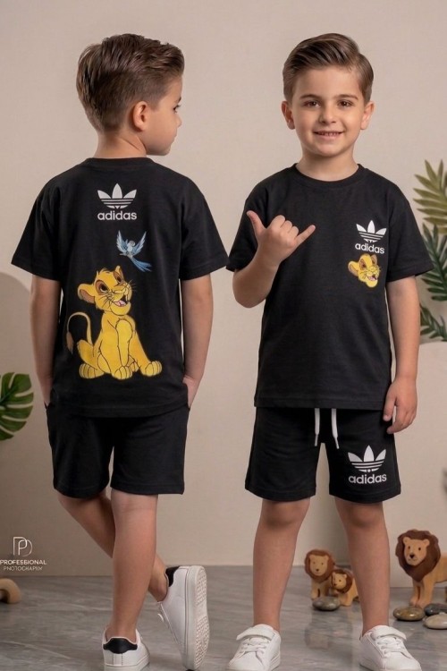 ADİDAS ASLANLI SIRT BASKILI ŞORTLU TAKIM  Siyah