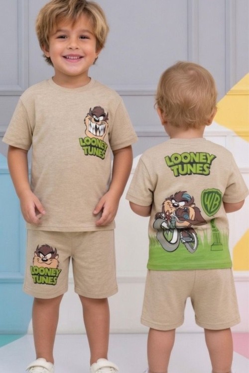 LOONEY TUNES TAZMANYA SIRT BASKILI ŞORTLU TAKIM  Bej