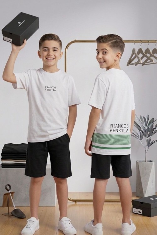 GARSON BOY FRANCOS VENETTA SIRT YAZILI ŞORTLU TAKIM  Beyaz
