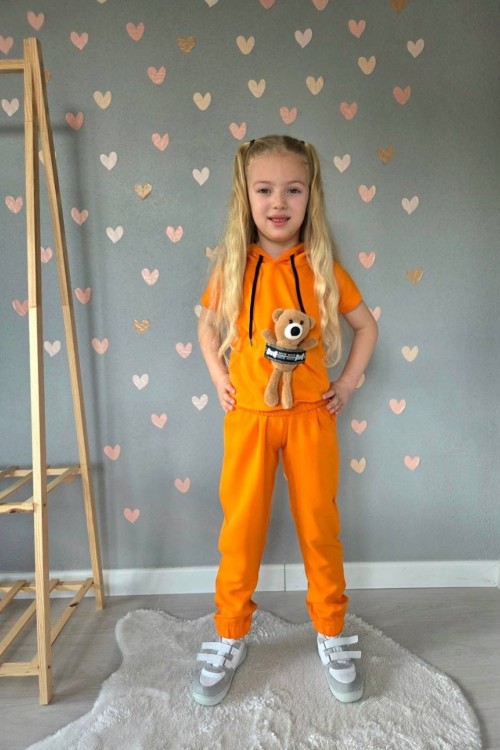 AYICIKLI KAPŞONLU PAÇASI LASTİKLİ KETEN TAKIM Turuncu